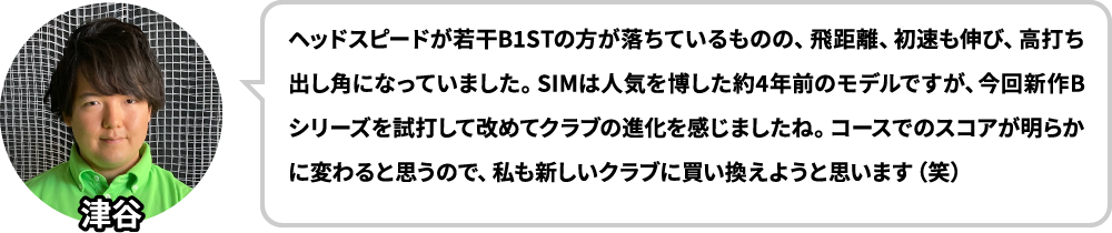 ヘッドスピードが若干B1STの方が落ちているものの、飛距離、初速も伸び、高打ち出し角になっていました。SIMは人気を博した約4年前のモデルですが、今回新作Bシリーズを試打して改めてクラブの進化を感じましたね。コースでのスコアが明らかに変わると思うので、私も新しいクラブに買い換えようと思います（笑）