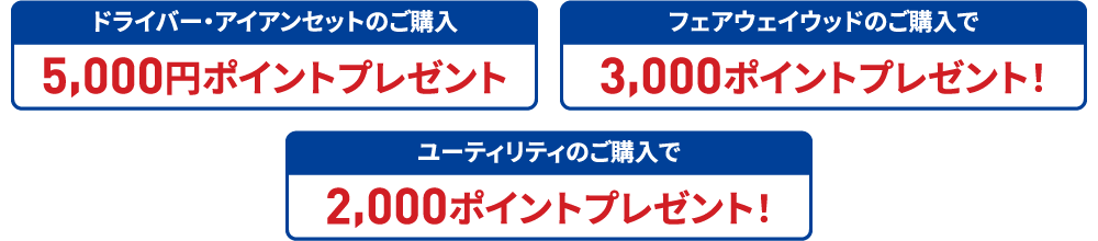 ドライバー・アイアンセットのご購入5,000円ポイントプレゼント、フェアウェイウッドのご購入で3,000ポイントプレゼント！、ユーティリティのご購入で2,000ポイントプレゼント！