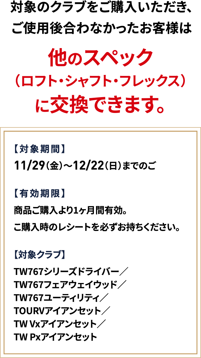 他のスベック（ロフト・シャフト・フレックス）に交換できます。