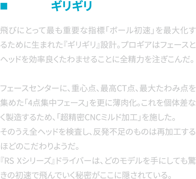 飛びにとって最も重要な指標「ボール初速」を最大化するために生まれた『ギリギリ』設計。プロギアはフェースとヘッドを効率良くたわませることに全精力を注ぎこんだ。フェースセンターに、重心点、最高CT点、最大たわみ点を集めた「4点集中フェース」を更に薄肉化。これを個体差なく精密に製造するため、「超精密CNCミルド加工」を施していた。更に全数検査し、反発不足のものは再加工するほどこだわっている。『RS Xシリーズ』ドライバーは、どのモデルを手にしても驚きの初速で飛んでいく秘密がここに隠されている。