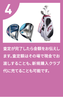 査定が完了したら金額をお伝えします。査定額はその場で現金でお渡しすることも、新規購入クラブ代に充てることも可能です。