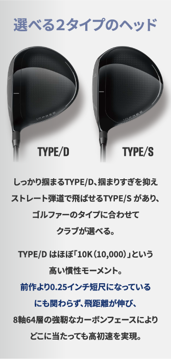 しっかり掴まるTYPE/D、掴まりすぎを抑えストレート弾道で飛ばせるTYPE/S があり、ゴルファーのタイプに合わせてクラブが選べる。