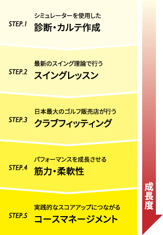 診断・カルテ作成,スイングレッスン,クラブフィッティング,筋力・柔軟性,コースマネージメント